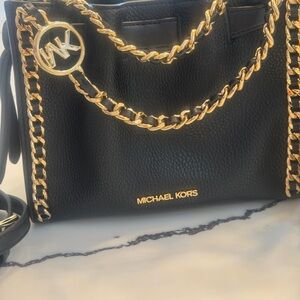 Michael Kors Black Leather Handbag with Gold Chain